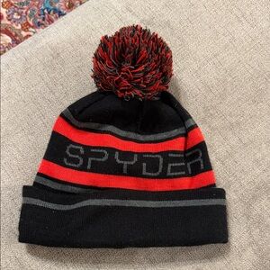Spyder Black and Red Striped Beanie with Pom-Pom